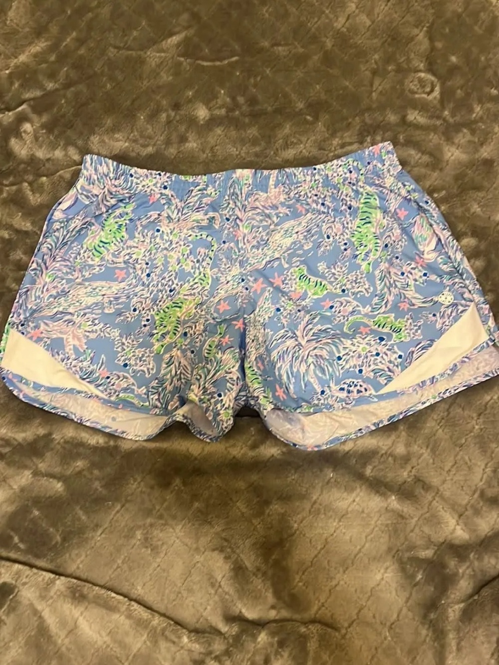 Lilly Pulitzer Blue Tropical Print Athletic Shorts with Pink & Green Accents